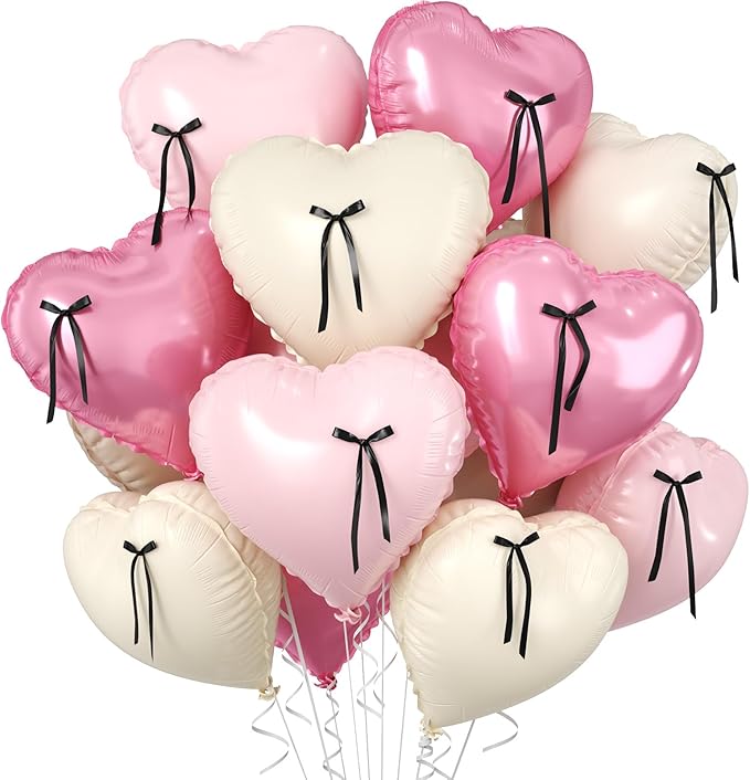 Pink Heart Balloons, 10 Pcs Pastel Pink Cream Heart Shaped Balloon with Black Bow Ribbon, 18 Inch Pink Sand White Foil Balloons for Girls Women Brithday Baby Shower Wedding Valentines Party Decoration