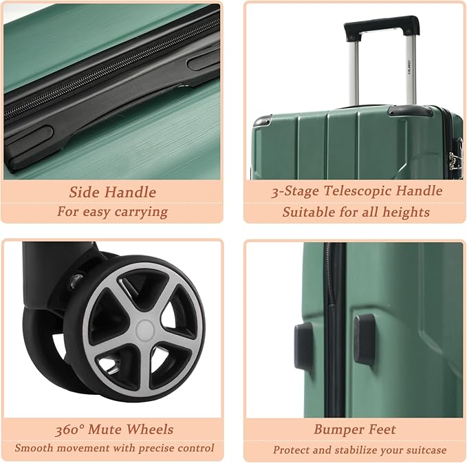 Merax Luggage Sets 3-Piece Hardshell with Spinner Wheels Lightweight Suitcase with Corner Guards (Green, 20/24/28)