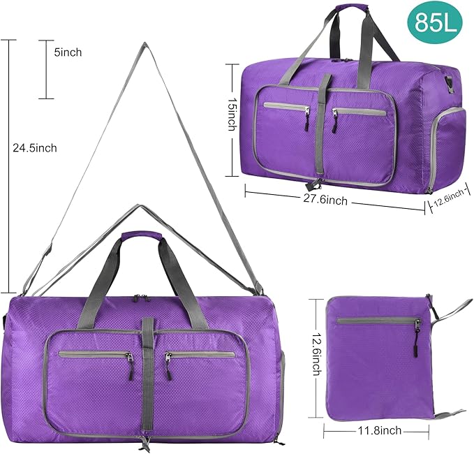 Dimayar Travel Duffle Bag for Men Women - Foldable Duffel Bag with Shoes Compartment - Overnight Bags Waterproof & Tear Resistant(85L,Purple)