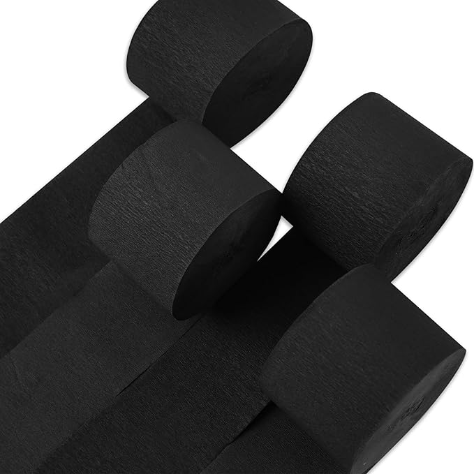 PartyWoo Black Crepe Paper Streamers 4 Rolls 328 ft Pack of Black Crepe Paper for Graduation Halloween New Year Anniversary Birthday Party Decorations (1.8 Inch x 82 Ft/Roll), Black-19