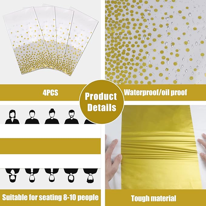 OHOME 4 Pack Disposable Plastic Table Cloths for Parties,White and Gold Rectangle Table Covers for Fall Decor Wedding Bridal Shower Birthday | Baptism First Communion Decorations 54" x 108"