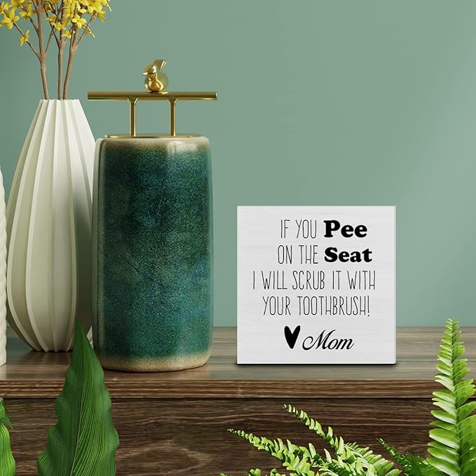 Country Farmhouse Bathroom Wood Box Sign Decor Desk Sign Humor Bathroom Restroom Wooden Box Block Sign Home Shelf Wall Decoration Gift for Mom