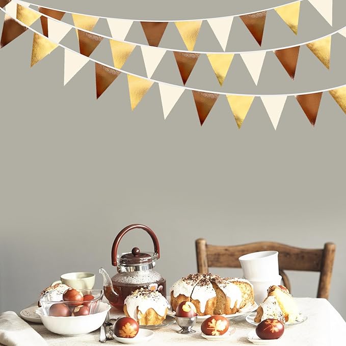Brown Beige and Gold Party Decorations Fabric Triangle Pennant Banner Flag Bunting Garland for Boho Neutral Rustic Cowboy Western Teddy Bear Birthday Baby Shower Graduation Engagement Party Supplies