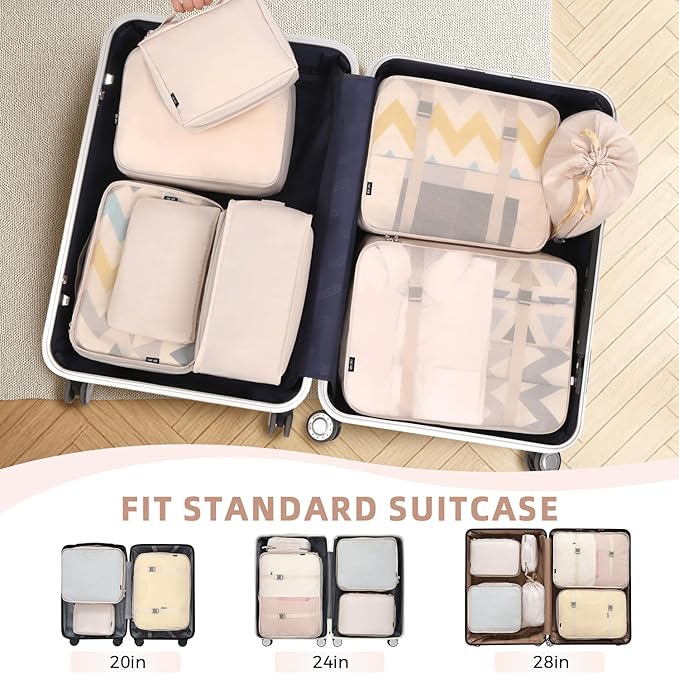 BAGAIL 8 Set Packing Cubes Luggage Packing Organizers for Travel Accessories-Cream