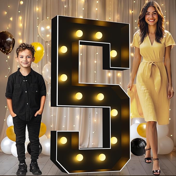 Pooqla 4 FT Light Up Marquee Numbers, Black Marquee Number Lights 4 Feet Tall for 5th 15th 50th Birthday, Giant Letter Big Mosaic Numbers for Balloons Party Anniversary Wedding Decorations, Number 5