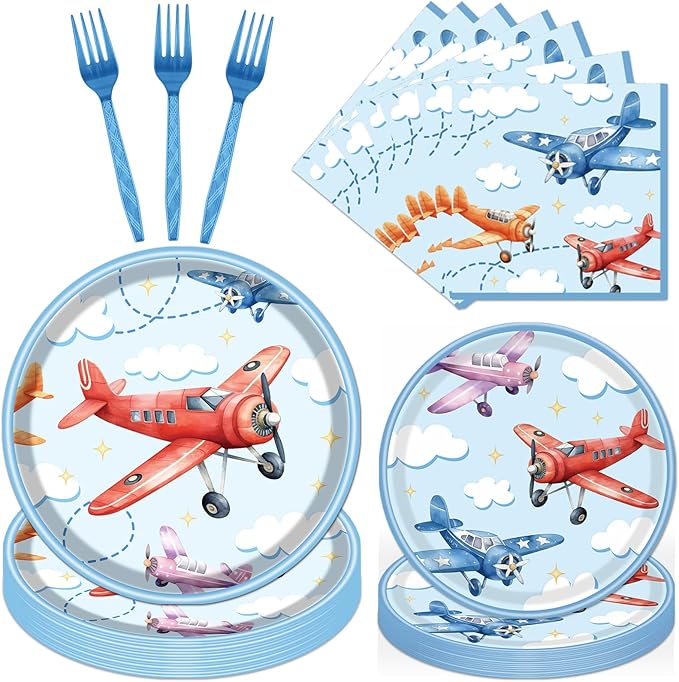 Rakuto Airplane Birthday Tableware Party Decorations, 96PCS Airplane Party Plates Napkins and Forks Supplies, Disposable Cartoon Airplane Baby Shower Decor Serves 24