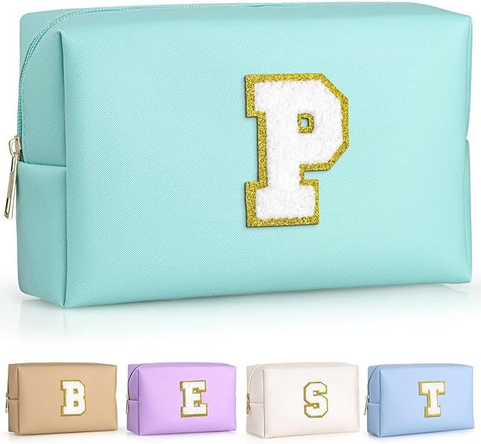 TOPEAST Personalized Makeup Bag, Chenille Letter Pouch Cosmetic Bag w Zipper, PU Leather Waterproof Toiletry Bag, Bridal Shower Gifts for Bridesmaids, Cute Stuff for Girls (Blue P)