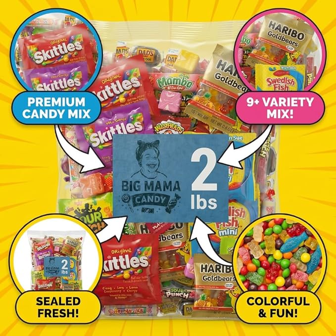 Big Mama Candy Variety Pack 2 lb - Bulk Assorted Candy Mix Individually Wrapped - Gummy, Sour & Chewy Candies for Party Favors, Pinata, Goodie Bags