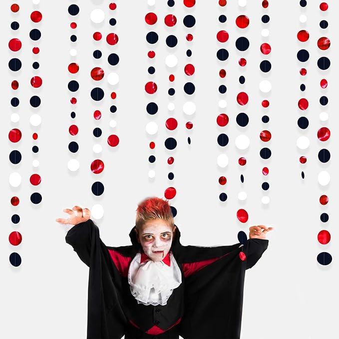 46 Ft Red Black and White Circle Dots Garland Hanging Paper Polka Dots Streamer for Graduations Birthday Bachelorette Engagement Wedding Bridal Shower Holiday Casino Poker Pirate Party Decorations