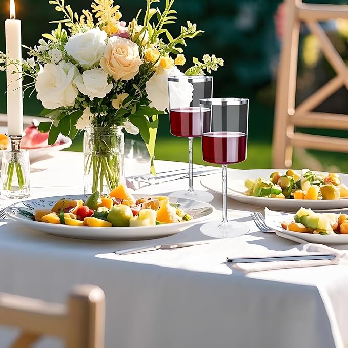 Ciaell 12 Pack Plastic Wine Glasses - 14 Oz Plastic Wine Glasses with Stem - Square Silver Disposable Stemmed Glass for Parties & Weddings & Outdoors
