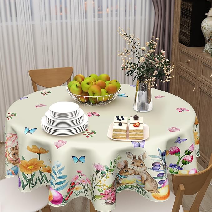 Easter Bunny Round Tablecloth 70 Inch Rabbit Tablecloth Spring Farmhouse Floral Table Cover Butterfly Table Cloth for Dining Kitchen Holiday Party Decor