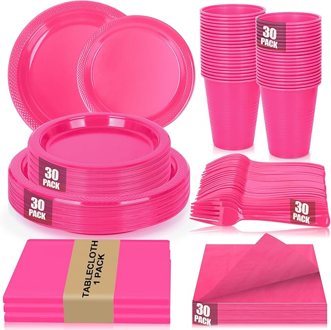 Hot Pink Plastic Plates for Party,30 Guest Disposable Plastic Plate Set 9" Plates,7" Dessert Plates,Napkins,12 oz Cups,Forks & Tablecloth for Girls Women,Summer Party,Birthday