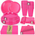 Hot Pink Plastic Plates for Party,30 Guest Disposable Plastic Plate Set 9" Plates,7" Dessert Plates,Napkins,12 oz Cups,Forks & Tablecloth for Girls Women,Summer Party,Birthday
