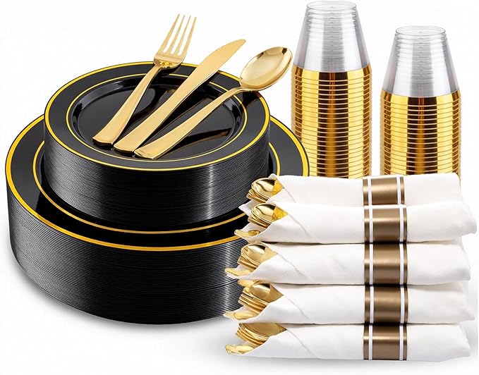 175PCS Black and Gold Plates - Black Disposable Plates for Party - 25Guests Disposable Dinnerware Set for Graduation Wedding Party Birthday