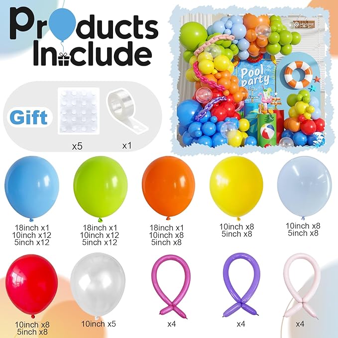 Neon Balloons Arch Garland Kit, 138PCS Rainbow Pool Party Balloon with Red Orange Green Blue Latex Balloons for Kids Luau Hawaii Summer Beach Baby Shower Graduation Birthday Party Decorations Supplies