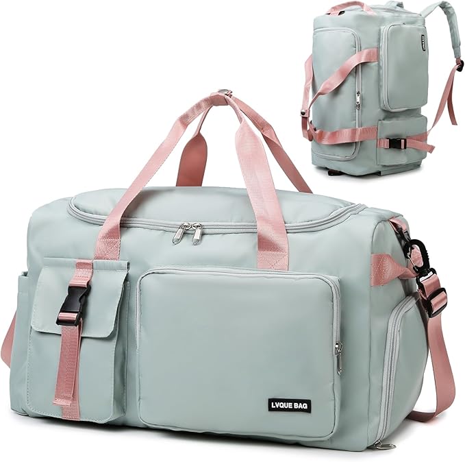 Eslcorri Gym Duffle Bag for Women Men, Sports Backpack with Wet & Shoe Compartment, Fitness Overnight Weekender Bag for Yoga, Swim, Travel (Style B, GreenPink)
