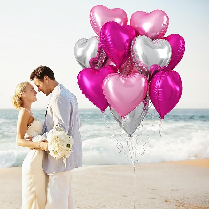TAOYE 12 Pcs 18 Inch Heart Balloons, Hot Pink Silver and Pink Heart Shape Mylar Balloons for Birthday Wedding Valentines Anniversary Baby Shower