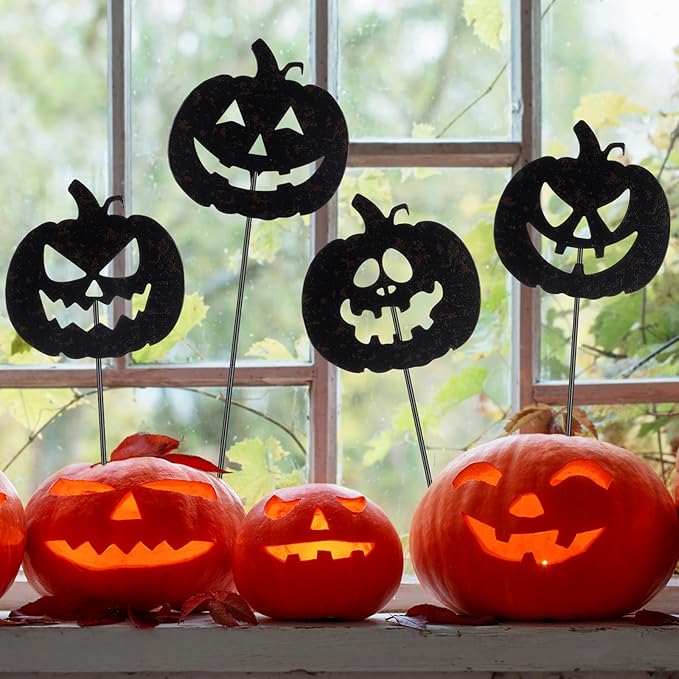 Chunful 4 Pcs Halloween Decorative Garden Stakes Jack O Pumpkin Garden Stakes for Flower Planter Pot Outdoor Metal Yard Sign Day of The Dead Decorations Halloween Patio Lawn Decor