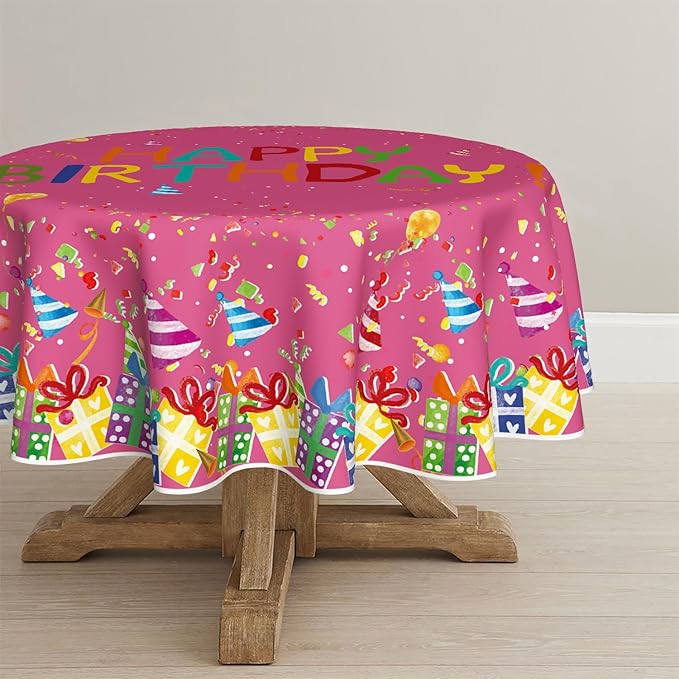 Horaldaily Birthday Tablecloth 70x70 Inch Round, Happy Birthday Ballon Pink Washable Seasonal Table Cover for Party Picnic Dinner Decor