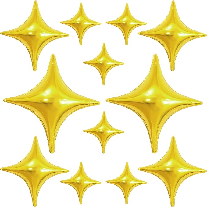 12PCS Gold Star Balloons, 24in 18in 10in Four Pointed Star Shaped Balloon Gold Foil Balloons for Graduation New Year Birthday Retirement Party Decorations