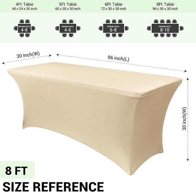 Obstal 8Ft Stretch Spandex Table Cover for Standard Folding Tables - 2 Pack Universal Rectangular Fitted Tablecloth for Party, Banquet, Events, Trade Show (Champagne, 96L x 30W x 30H Inches)