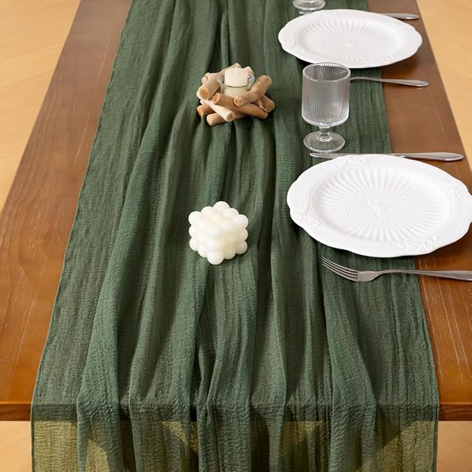 Socomi 3pcs Green Cheesecloth Table Runner Olive Easter Spring Gauze 120 Inch Rustic Boho Cheese Cloth Runner for Wedding Party Baby Bridal Shower Centerpiece Decoration Holiday Home Decorations