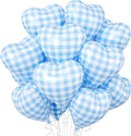 Blue White Checkered Heart Balloons, 10 Pcs Light Blue Grid Heart Shape Balloon, 18 Inch Lattice Foil Valentines Balloons for Kids Boys Birthday Wedding Valentines Bridal Baby Shower Party Decorations