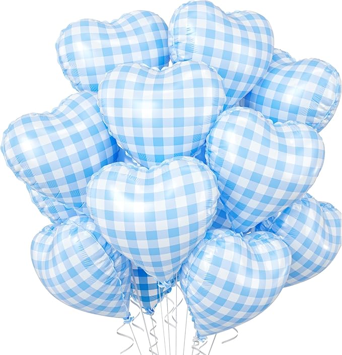 Blue White Checkered Heart Balloons, 10 Pcs Light Blue Grid Heart Shape Balloon, 18 Inch Lattice Foil Valentines Balloons for Kids Boys Birthday Wedding Valentines Bridal Baby Shower Party Decorations