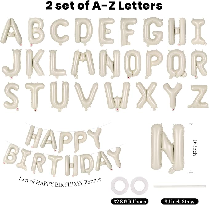 65 Pcs Cream Happy Birthday Balloons and 2 Sets A-Z Letters Foil Balloons, Beige 16 Inch Personalized Name Happy Birthday Banners for Wedding Baby Shower Anniversary Party Decorations (Cream)