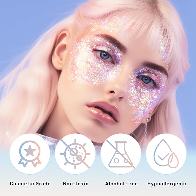 DAGEDA Rainbow Color Body Glitter Gel, Holographic Face Glitter Body Gel Rave Party Accessories, Chunky Glitters for Face Hair Nails, Cosmetic Laser Powder Festival Sequins Paint Makeup