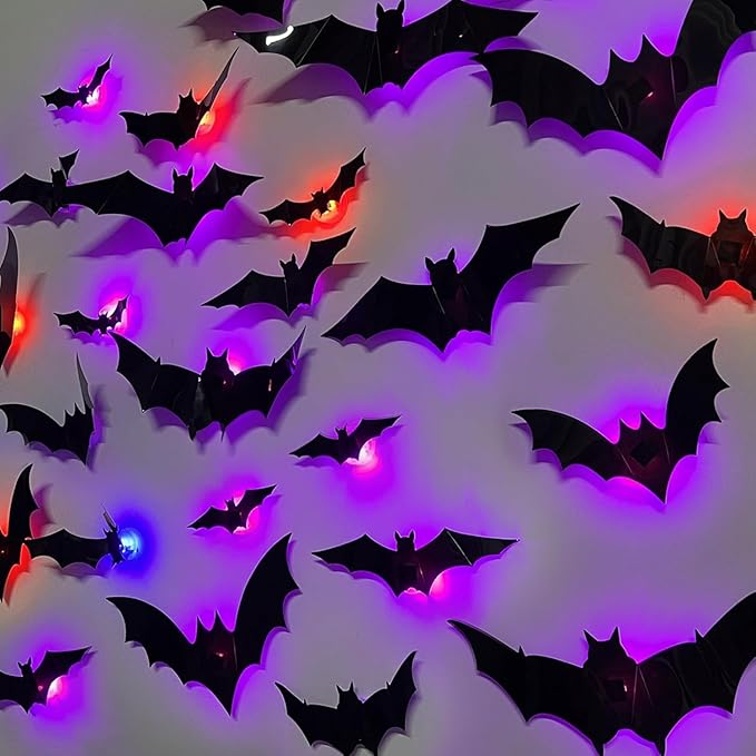 2025 New Halloween 3D Lighted Bats, LED Purple Lighted 3D Bats Halloween Decoration, Upgrade LED Glowing Bat Group Hanging Wall Luminous Glow Clings Multipack (48Pcs Black)