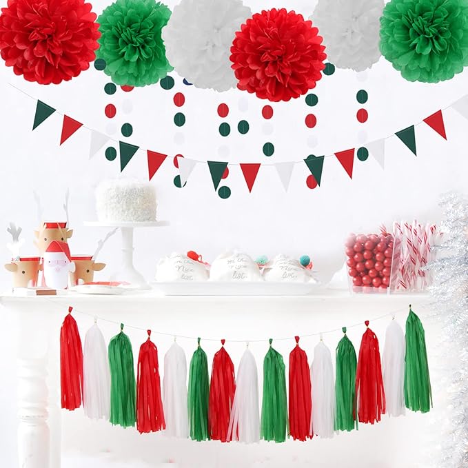 Red-Green White Party-Decorations - 23pcs Mexico Italy Tissue Pom Poms Streamers,Tassel Garland Banner,Mexican Italian Birthday Wedding Baby Shower Decor Bunting Lasting Surprise