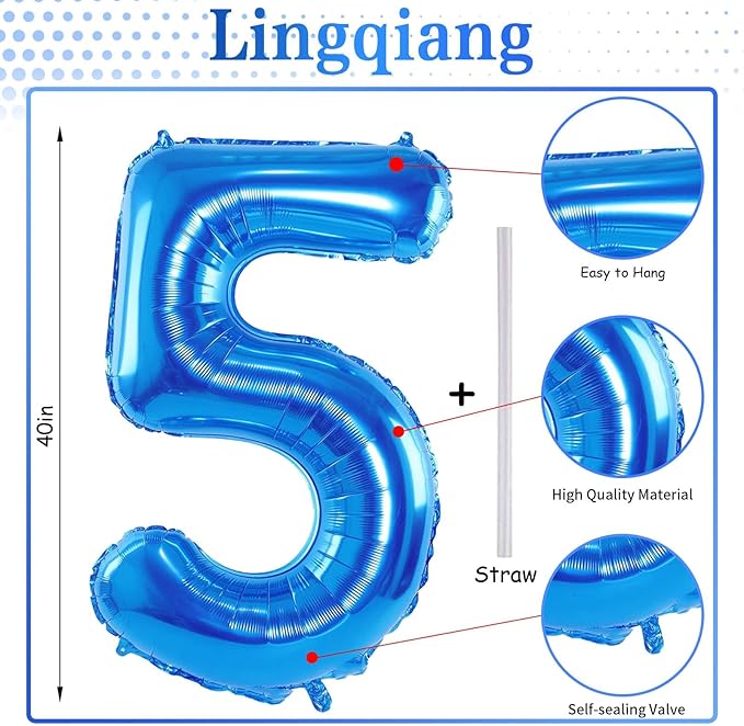 Blue Number Balloons, 40inch Large Number 5 Foil Mylar Helium Balloons, Self Inflating Number Balloons 0-9 for Men Boys 5th 50th 25th Birthday Anniversary Party Celebration Decoration Supplies