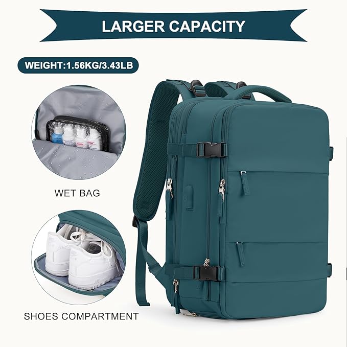 coowoz Large Travel Backpack For Women Men, Carry On Backpack,Hiking Backpack Waterproof Outdoor Sports Rucksack Casual Daypack Expandable Heavy Duty Extra large Backpack Peacock Blue