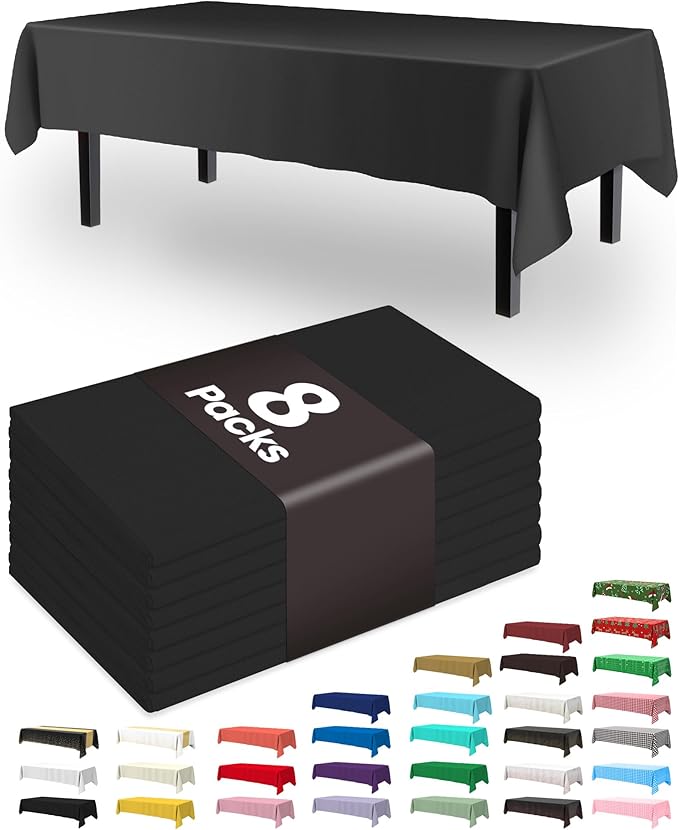 Pureegg Plastic Table Cloth Disposable 8 Pack, 54 x 108 Inch Table Cloths, Graduation Decorations Class of 2025, Graduation Party Tablecloths, Rectangle, Plastic Cover, Leakproof & Sturdy, Black