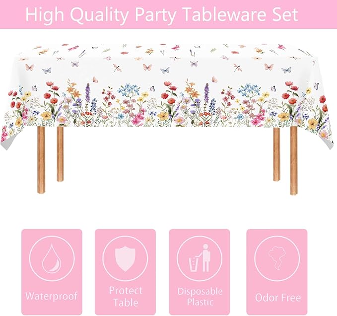 3 Pcs Wildflower Tablecloth Spring Summer Floral Table Cover for Butterfly Wildflowers Theme Picnic Dining Holiday Weeding Baby Shower Birthday Tea Party Table Supplies Decorations