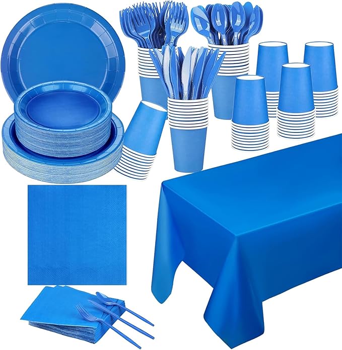 TWOWYHI 229PCS Blue Party Supplies Set Paper Disposable Plates Cups Plastic Spoons Forks Knives Blue Napkins for 30 Guests Disposable Party Dinnerware Set for Wedding Birthday Parties