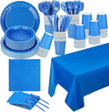 TWOWYHI 229PCS Blue Party Supplies Set Paper Disposable Plates Cups Plastic Spoons Forks Knives Blue Napkins for 30 Guests Disposable Party Dinnerware Set for Wedding Birthday Parties