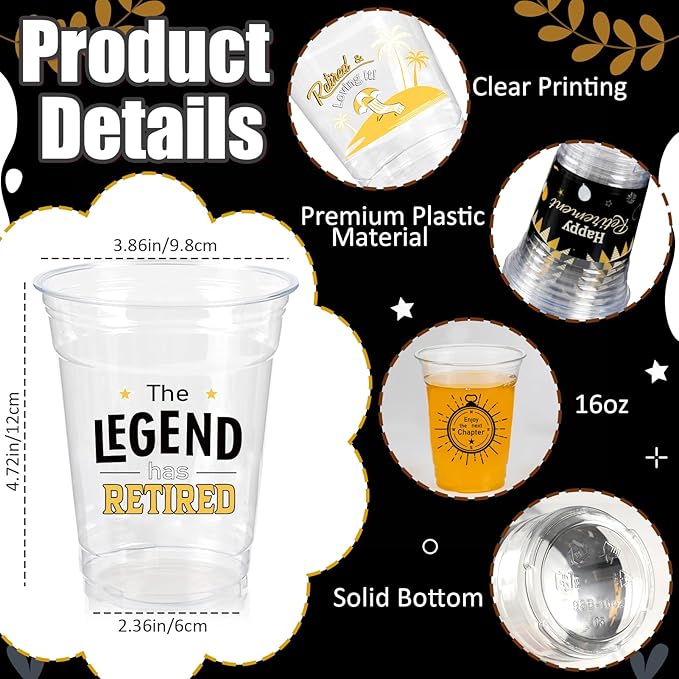 Retirement Party Decoration Cups, 100pcs 16 Oz Plastic Clear Drinking Cups for Retirement Party Supplies Favors Women Men Snack Cup Bulk