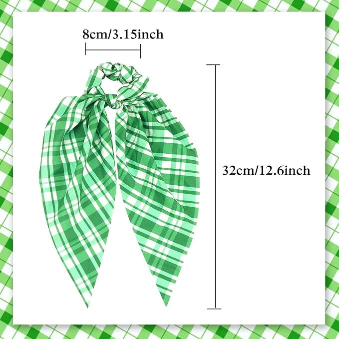 St.Patrick's Day Hair Ties for Woman Girls Green Plaid Shamrock Ribbon Hair Scrunchies Elastic Irish Lucky Leaf Hair Tie St.Patricks Party Supplies Hair Accessories 2PCS