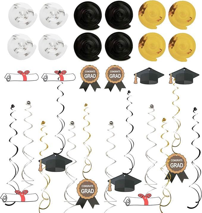 ZERODECO Graduation Decorations, Black and Gold We Are So Proud Of You Banner Paper Pompom Fan Hanging Swirls Graduation Confetti Paper Garland Party Balloons for Grad Party Decoration Supplies