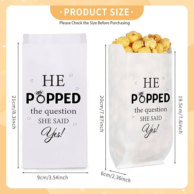 AIOMOB 50 Pcs He Popped the Question Popcorn Bags Engagement Party Favors Decorations Grease Resistant Popcorn Favor Bags for Engagement Party Bridal Shower Wedding Supplies