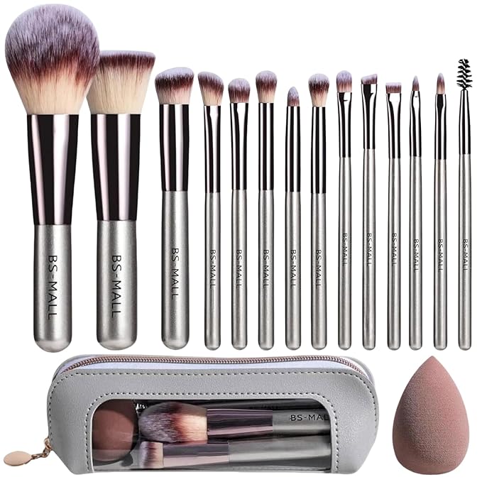 Travel Makeup Brush Set BS-MALL 14 Pcs with 1 Pcs Makeup Sponge – Essential Foundation Powder Concealers, Eye Shadows, Blush Makeup Brushes with Travel Makeup Case (Champagne)
