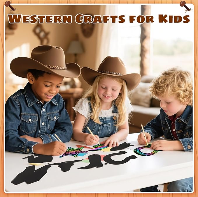 JULMELON 36 PCS Western Crafts, Rainbow Scratch Art Cowboy Rodeo Party Favors DIY Magic Color Scratch Paper Cards for Western Theme Birthday Party Favors School Activities Games