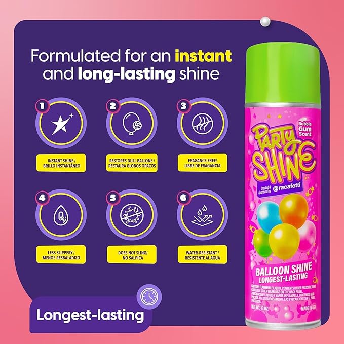 Party Shine Bubble Gum Balloon Shine Spray, Silicone Spray for Latex Balloons, Sweet Bubble Gum Scent, Waterproof, Non-Slip Formula, Balloon Spray Shine Perfect for Party Decorations, 8oz (2 Pack)