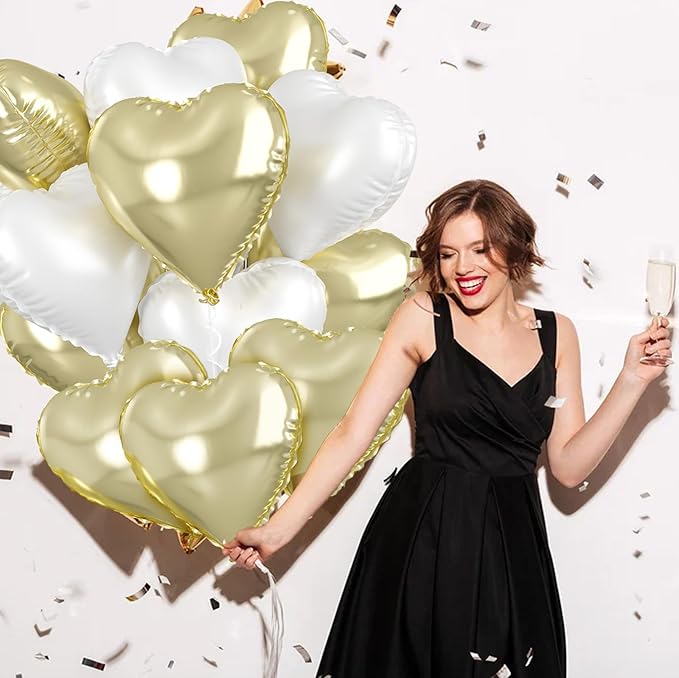 Biapian Pastel Gold Heart Balloons - 10 Pcs, 18 Inch, White Foil, Helium for Valentine's Day, Birthday, Wedding, Baby Shower Decoration