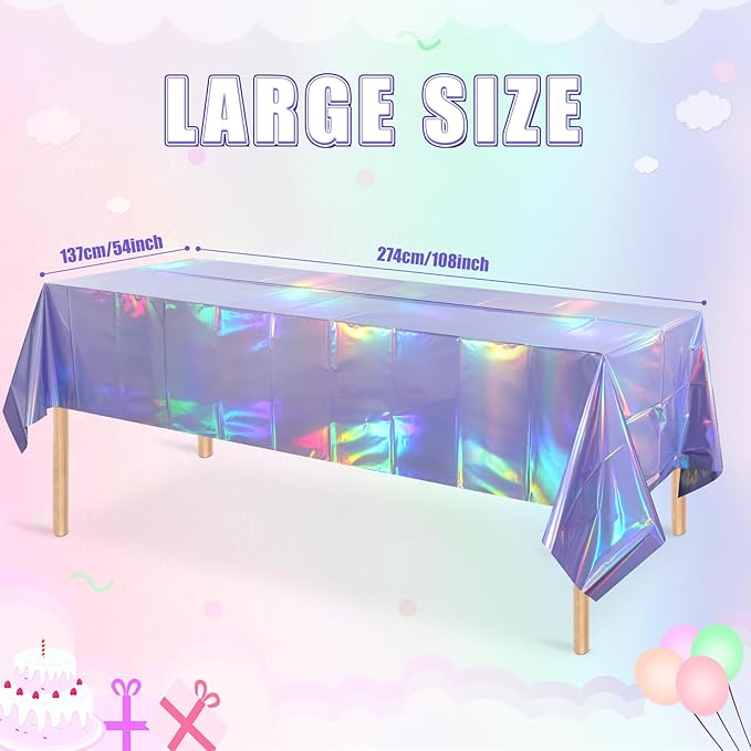 3 Pack Iridescent Light Purple Tablecloth for Parties, Pastel Purple Holographic Plastic Table Cover, Disposable Laser Purple Table Cloth for Birthday Wedding Baby Shower Party Decorations, 54x108Inch