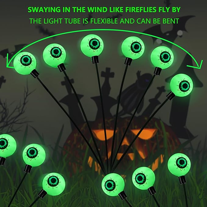 Dazzle Bright Halloween Decorations Outdoor, 6 Pack 36LED Solar Eyeball Pathway Lights, Scary Waterproof Solar Green Firefly Lights for Garden Lawn Yard Decor
