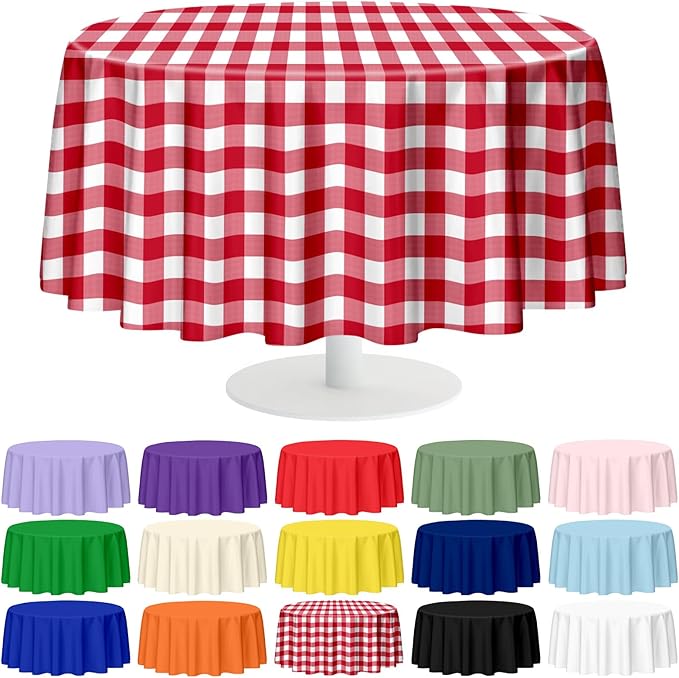 Mulbozy 2 Pcs Red Gingham Round Tablecloth, 84 inches Disposable Plastic Red and White Checkered Circle Table Covers for Baby Shower Wedding Bridal Shower Birthday Party Decorations