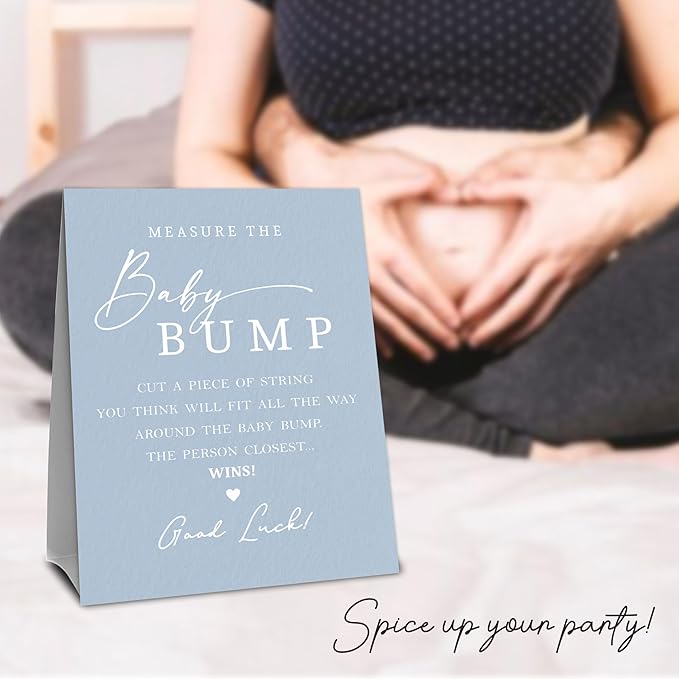 Navy Blue Baby Shower Measure The Baby Bump, Measure Mommy's Belly Game Set - 1 Self-Standing Sign And 50 Tickets - Gender Reveal, Baby Shower, Baby Announcement Activity & Party Favor Supplies - A07